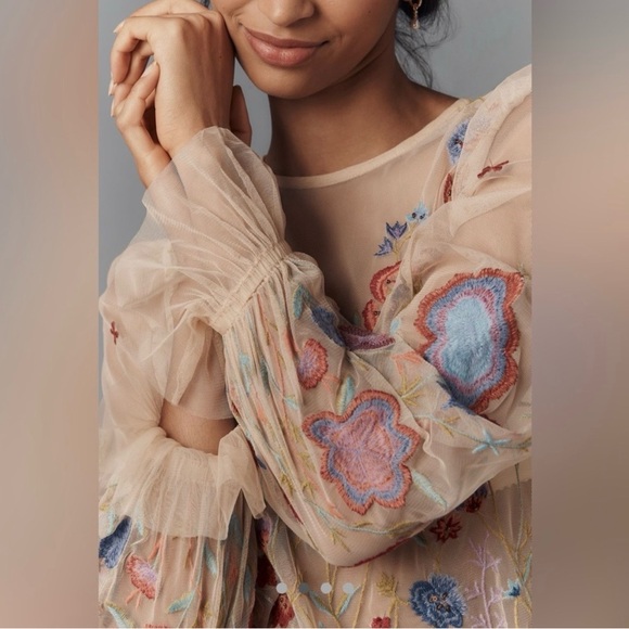Anthropologie Sheer Floral Embroidered Blouse - Picture 2 of 6